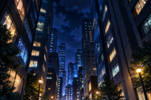 夜の摩天楼を望む街路峡谷