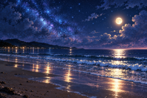 星月夜の静かな海辺