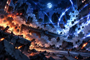 月夜の廃墟に走る蒼雷