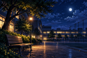 月明かりの静かな学園夜景