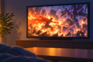 炎のアニメを見る夜のリビング