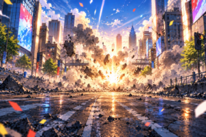 爆発に包まれた未来都市の大通り