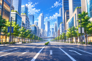 青空に伸びる未来都市の大通り